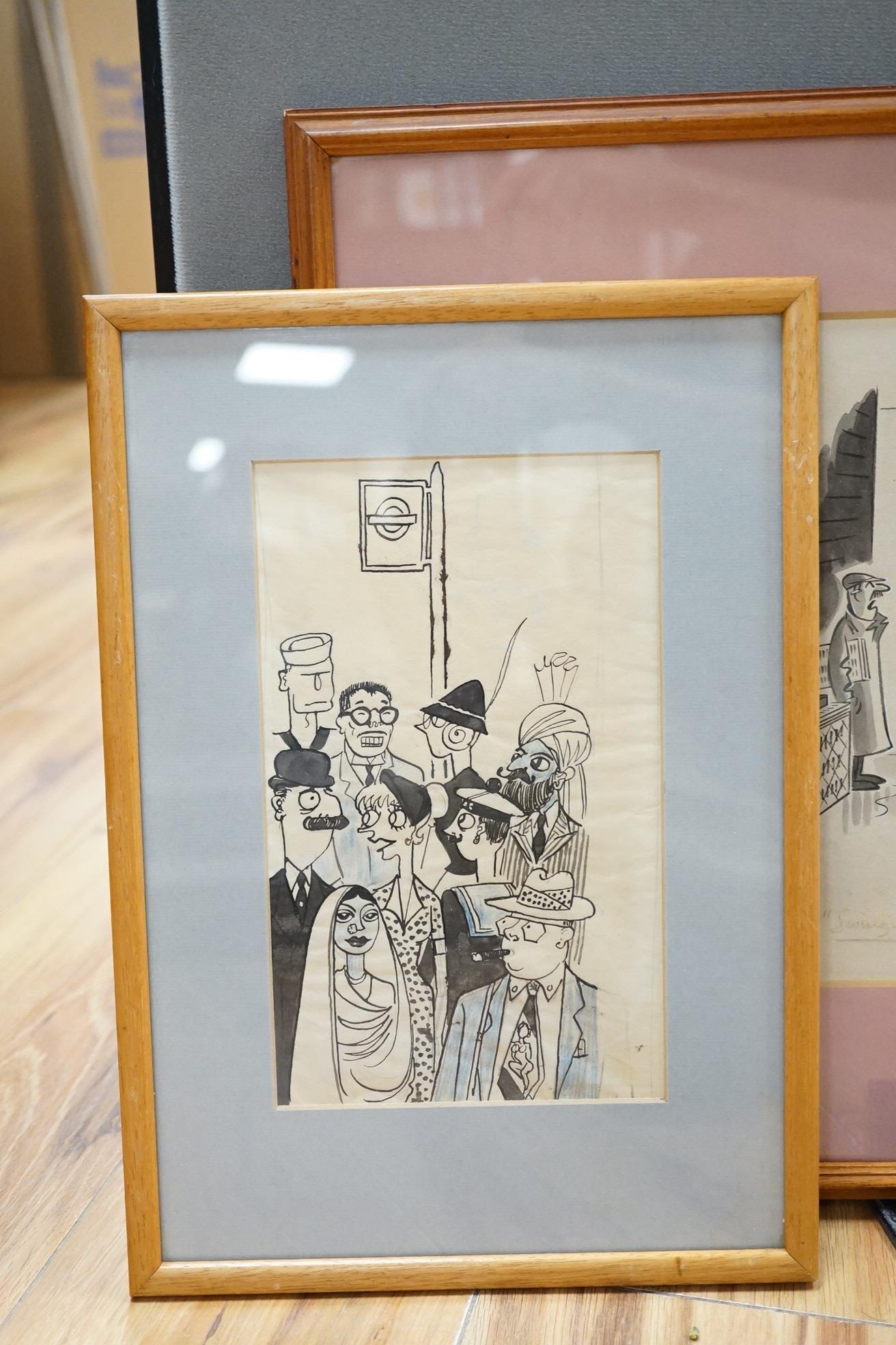 Five 1960's and 1970's original Punch cartoons, monochrome cartoons and caricatures for Punch Magazine to include David Langdon, London street scene and Hewison, Joyce Grenfell in a programme of monologues and songs, lar